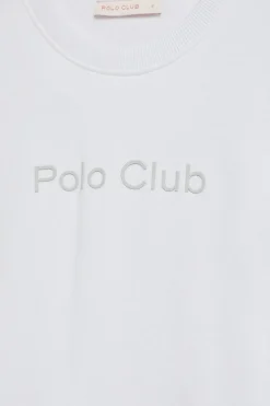 Sudadera básica de cuello redondo blanca con logo frontral Polo Club engomado