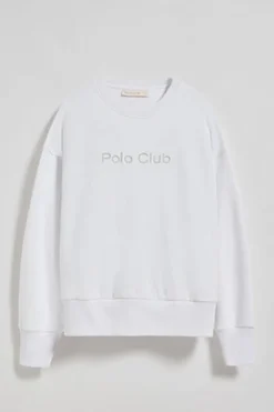 Sudadera básica de cuello redondo blanca con logo frontral Polo Club engomado