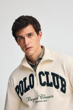 Sudadera color crudo con media cremallera y logo Established 2012 Polo Club