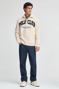 Sudadera color crudo con media cremallera y logo Established 2012 Polo Club