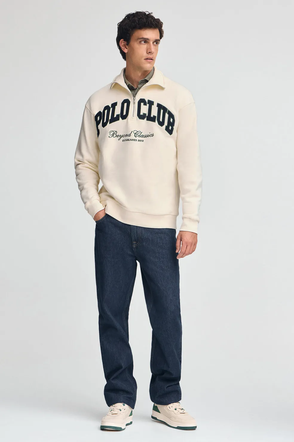 Sudadera color crudo con media cremallera y logo Established 2012 Polo Club
