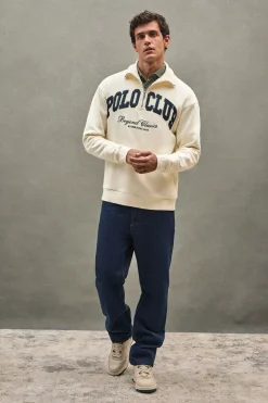 Sudadera color crudo con media cremallera y logo Established 2012 Polo Club