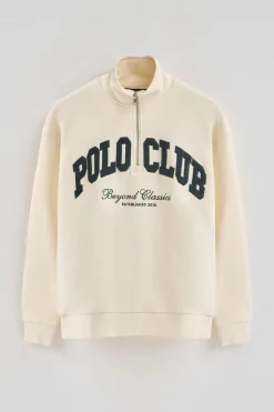 Sudadera color crudo con media cremallera y logo Established 2012 Polo Club