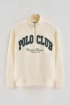 Sudadera color crudo con media cremallera y logo Established 2012 Polo Club