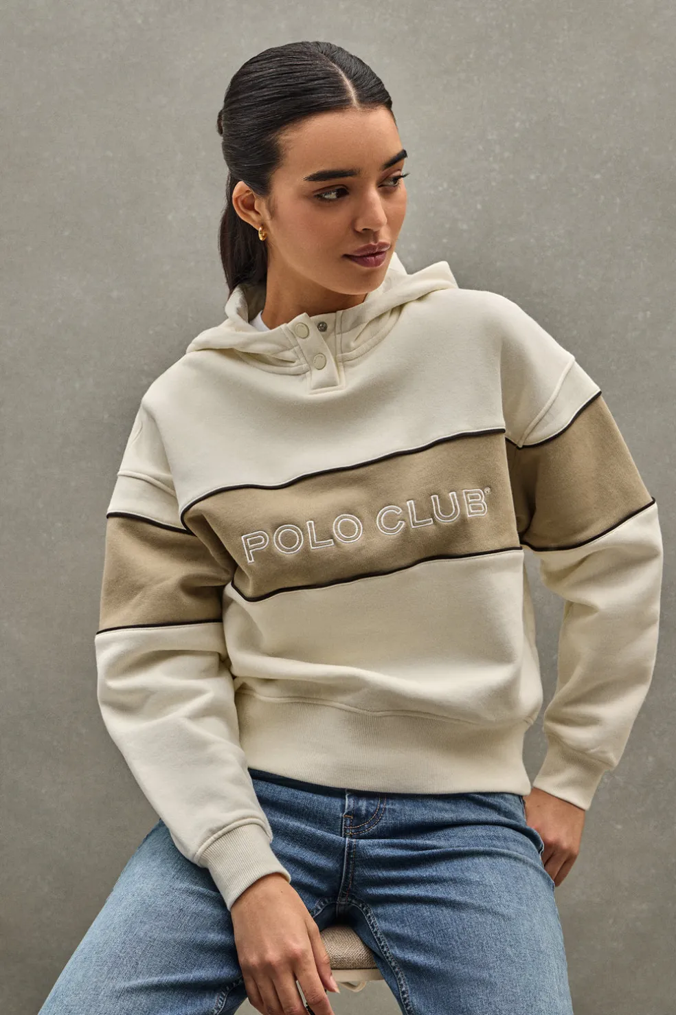 Sudadera color crudo con capucha y logo Polo Club
