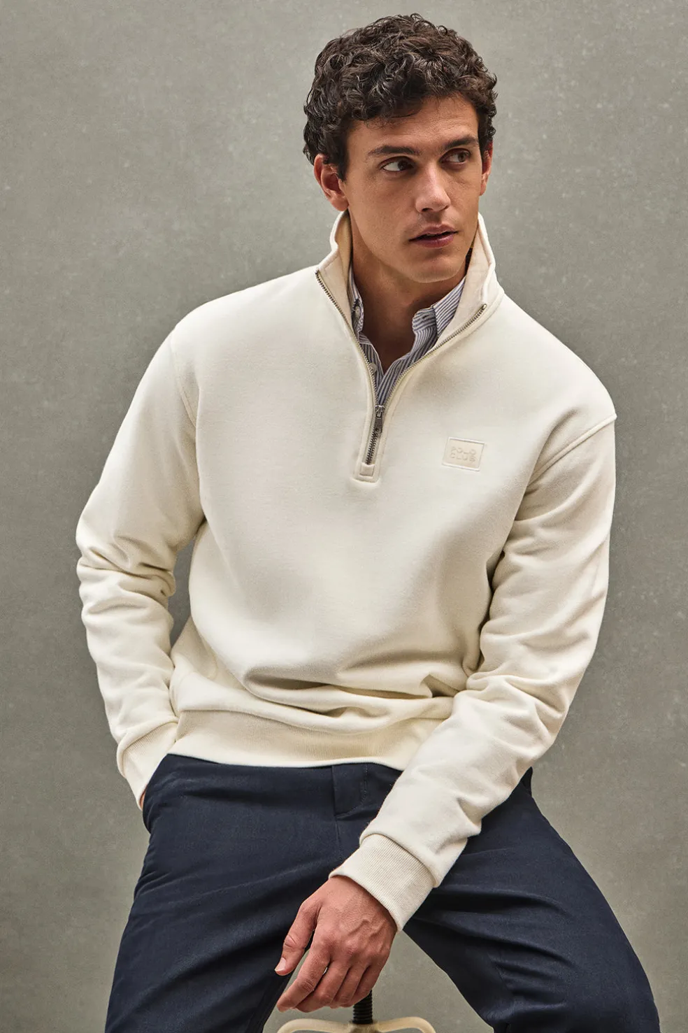 Sudadera color crudo de media cremallera con logo Polo Club