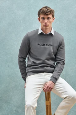 Sudadera gris asfalto regular de cuello redondo y print engomado