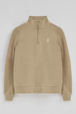 Sudadera marron claro con media cremallera y logo Rigby Go