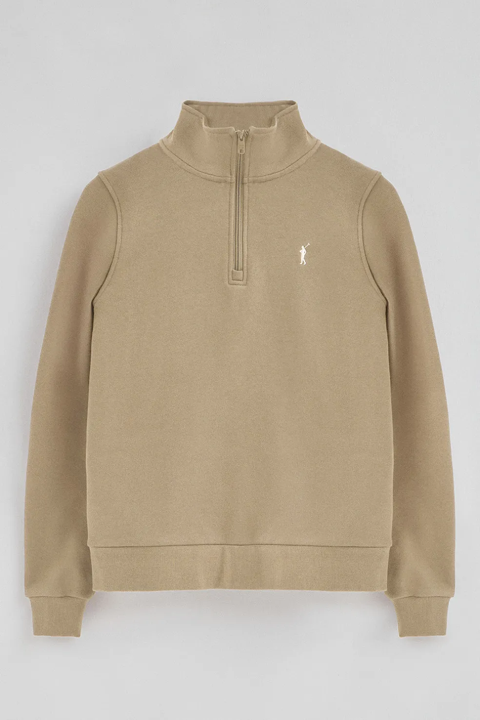 Sudadera marron claro con media cremallera y logo Rigby Go
