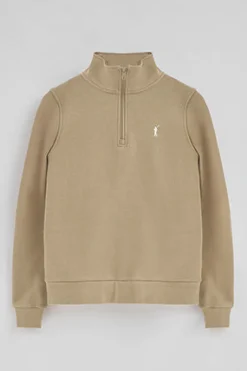 Sudadera marron claro con media cremallera y logo Rigby Go