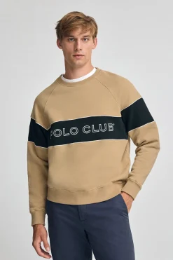 Sudadera marron claro de corte relajado, cuello redondo y logo Polo Club