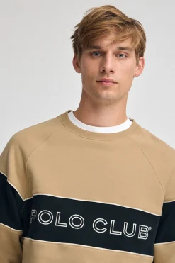 Sudadera marron claro de corte relajado, cuello redondo y logo Polo Club