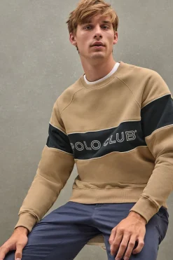 Sudadera marron claro de corte relajado, cuello redondo y logo Polo Club