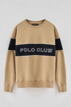 Sudadera marron claro de corte relajado, cuello redondo y logo Polo Club