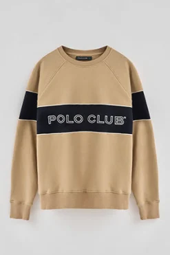 Sudadera marron claro de corte relajado, cuello redondo y logo Polo Club