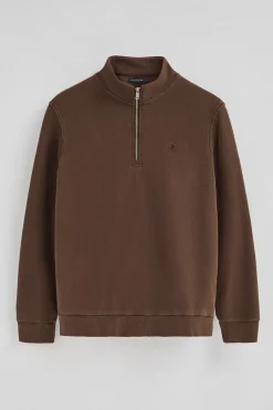 Sudadera marron oscuro de media cremallera y efecto lavado con logo Rigby Go