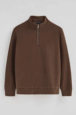 Sudadera marron oscuro de media cremallera y efecto lavado con logo Rigby Go
