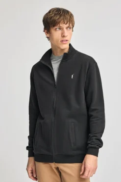 Sudadera negra abierta con cuello elevado y logo Rigby Go