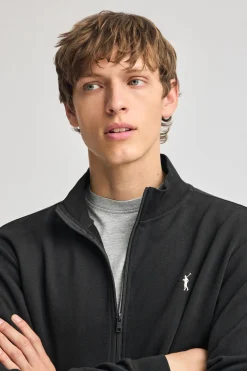 Sudadera negra abierta con cuello elevado y logo Rigby Go