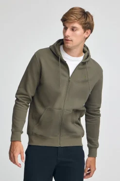 Sudadera verde militar con capucha y cremallera completa con logo Rigby Go