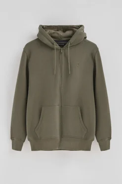 Sudadera verde militar con capucha y cremallera completa con logo Rigby Go