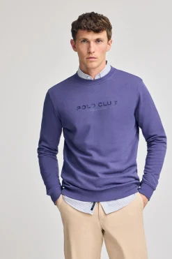 Sudadera violeta azulado regular de cuello redondo y print engomado