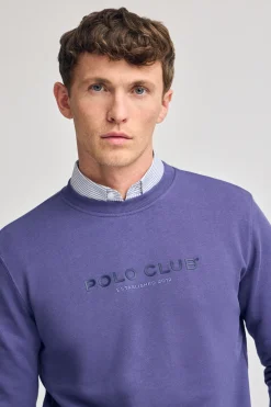 Sudadera violeta azulado regular de cuello redondo y print engomado