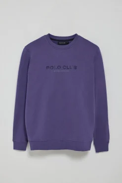 Sudadera violeta azulado regular de cuello redondo y print engomado