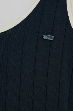 Vestido azul marino acanalado de tirantes con botón nacarado