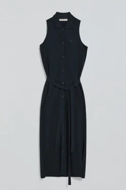 Vestido azul marino sin mangas abotonado con monograma bordado
