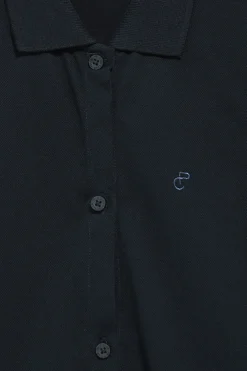 Vestido azul marino sin mangas abotonado con monograma bordado