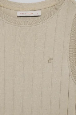Vestido beige largo y acanalado con monograma bordado