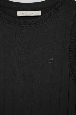 Vestido negro largo y acanalado con monograma bordado