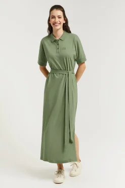Vestido verde con manga dolman y bordado al tono
